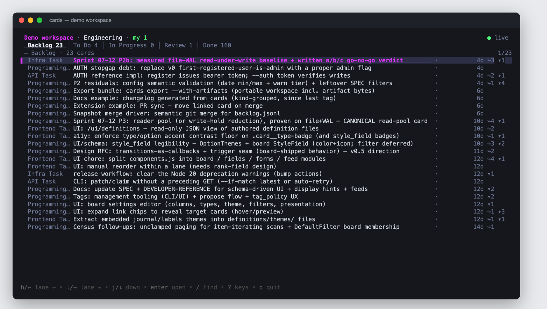 Cards engineering board in the terminal UI, with work grouped by status