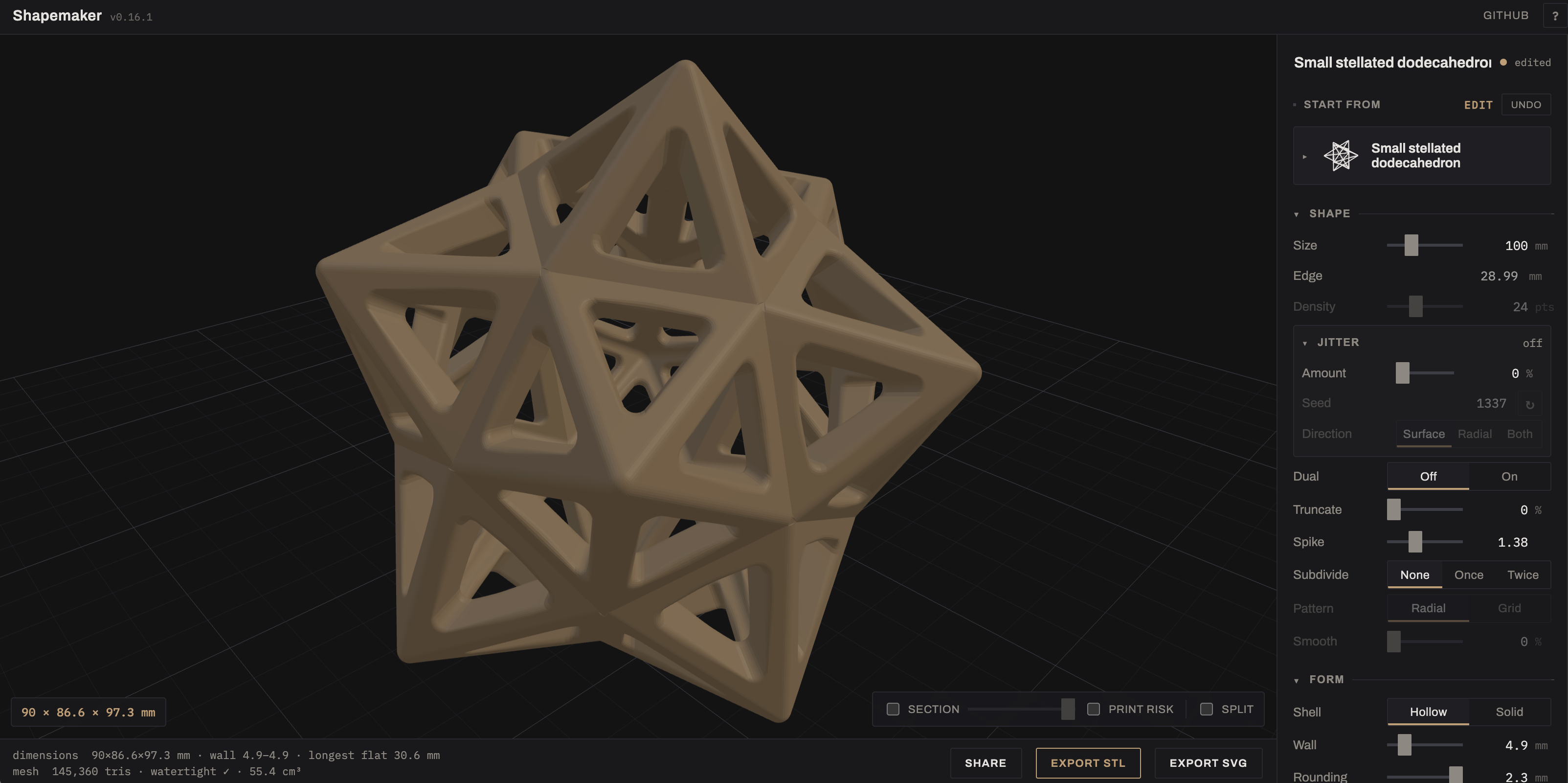 Shapemaker editor showing a small stellated dodecahedron and its shape controls
